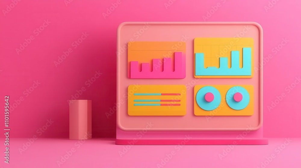 Poster a colorful 3d graph display on a pink background, showcasing various data visualizations with playfu