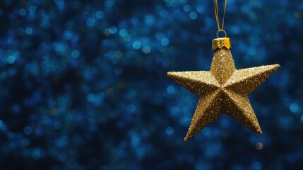 Golden star ornament shimmering in front of a blurred blue starry background, perfect representation of the festive holiday spirit.