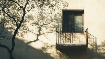 A 4K shot of a tree shadow cast on the building wall, the balcony framing the scene with its geometric line