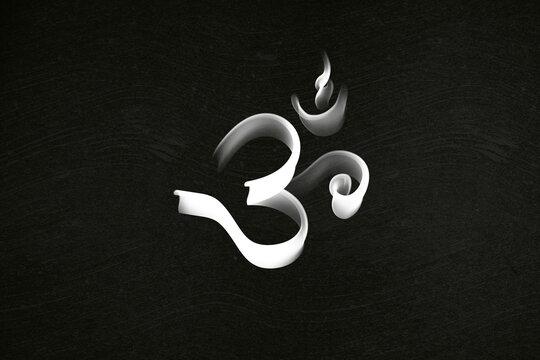 black and white aum spiritual symbol, om Hindu symbol on black texture background, grunge and smoke powerful, 3d