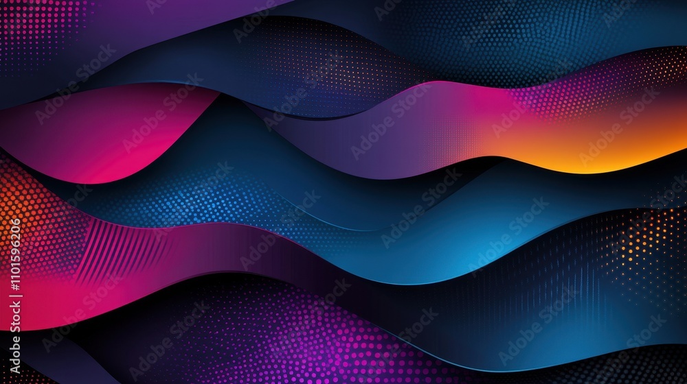 Poster abstract waves with gradients and dots in vibrant colors for digital backgrounds.