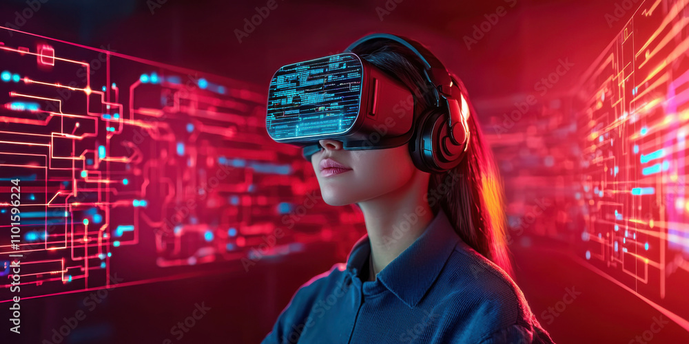 Poster virtual reality operator in futuristic tech environment, immersed in data
