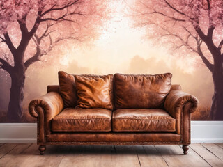 Fototapeta premium Brown Leather Sofa in Front of Pink Blossom Tree Wallpaper