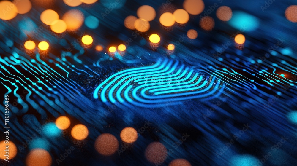 Poster a vibrant close-up of a digital fingerprint on a circuit board, illuminated by glowing lights, repre