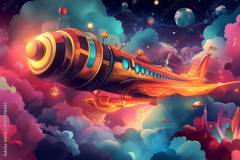 Poster a vibrant spaceship gliding through colorful clouds in a cosmic setting.