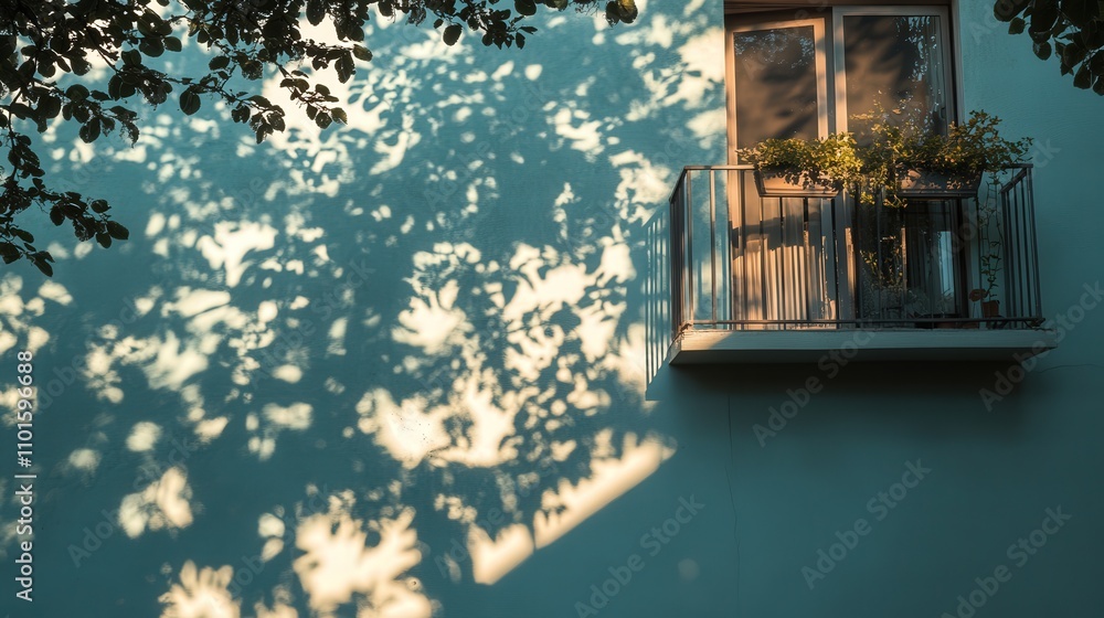 Poster a beautiful 4k image of the shadow of a tree on the wall of a building, with its branches casting de