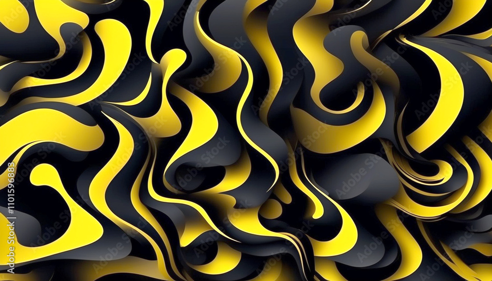 Poster flowing abstract patterns in vibrant yellow and black create a dynamic visual experience