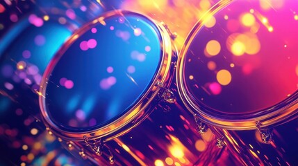 Drum outlines dissolve into neon liquid waves of blue and glowing red textures