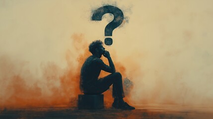 Minimalist Silhouette of Man Pondering with Question Mark Above in Modern Monochrome Style