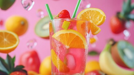 Vibrant tropical fruit cocktail with citrus slices and berries against a playful pink background, featuring bubbles and colorful fruit accents.