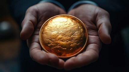 Close-up of hands gently holding a gold disc.