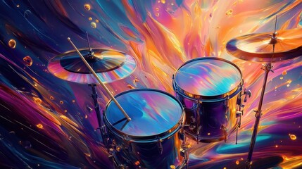 Cyan and purple waves flow from glowing drumsticks with smooth gradient textures