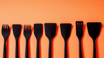 Heat-resistant black silicone spatula set arranged neatly against a bright orange background, showcasing various shapes and designs for versatile cooking needs.