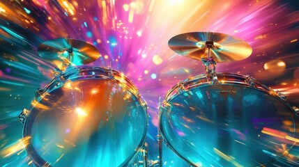 Colorful drums with iridescent waves of teal magenta and gold backdrops