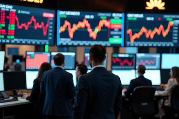 Fototapeta premium Traders and investors watching stock prices at trading floor in stock exchange. Trader background.