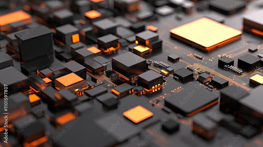 Poster ai embedded in tech: glowing microchip on a digital circuit board with sharp details and neon lighti
