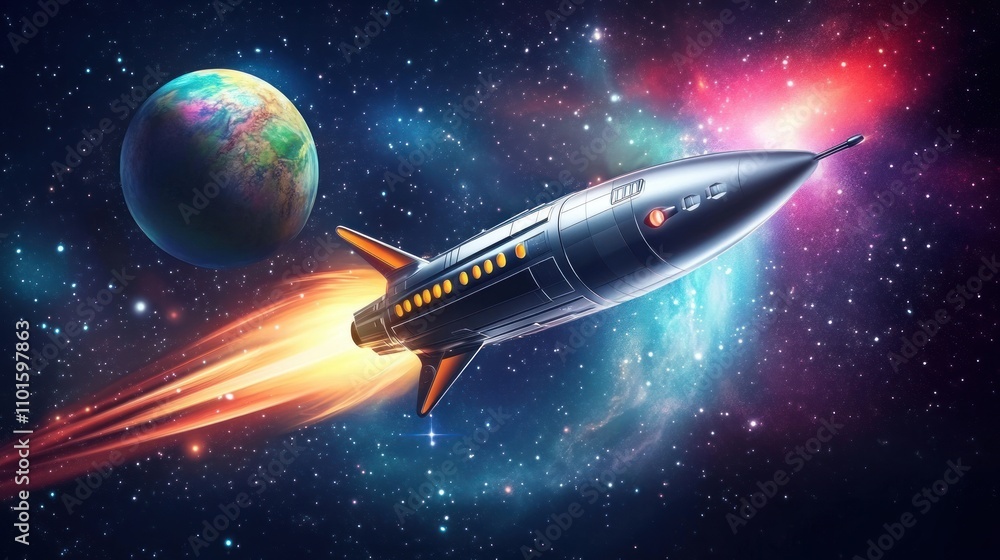 Poster retro rocket spaceship soaring through colorful nebula near planet