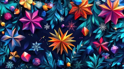 A vibrant, festive arrangement of geometric shapes and foliage, evoking a celebratory mood.