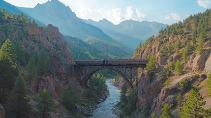 train crossing a river bridge in the heart of a mountainous region, the landscape featuring rocky peaks, verdant forests