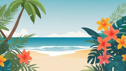 Obraz premium Tropical beach scene featuring palm trees and vibrant flowers under a clear blue sky.