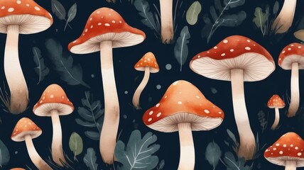 Mushrooms and leaves arranged artistically on a dark background, highlighting their natural textures and colors.