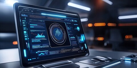 A futuristic tablet displays high-tech data visuals in a dimly lit, modern workspace.