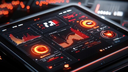 A sleek, digital dashboard displaying vibrant data visualizations, including graphs and circular indicators, with a futuristic, high-tech design.