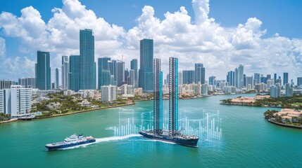 Naklejka premium An oil rig with stock chart projections overlaying the skyline, linking industrial production to economic trends.