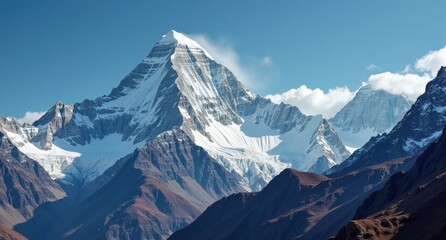 Fototapeta premium Mount Everest shot from the east with Nikon D850 and Nikon AF-S 14-24mm f/2.8G ED lens, natural light, National Geographic style, capturing the stunning peak against the sky.