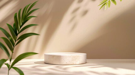 3D background product display podium scene with leaf geometric platform. Beige background