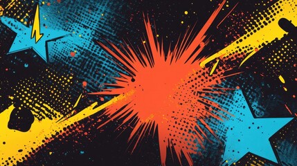 Starbursts and lightning bolts in yellow and blue glowing on dark red gradients