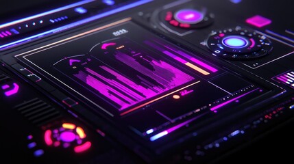 A futuristic audio interface with colorful visualizers and control knobs, showcasing a vibrant digital aesthetic.