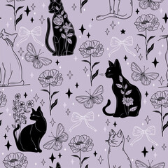 Pastel Purple Modern Tattoo Style Seamless Pattern with Black Cats, Butterflies, Flowers, and Bows. Vector background © Dovikuu