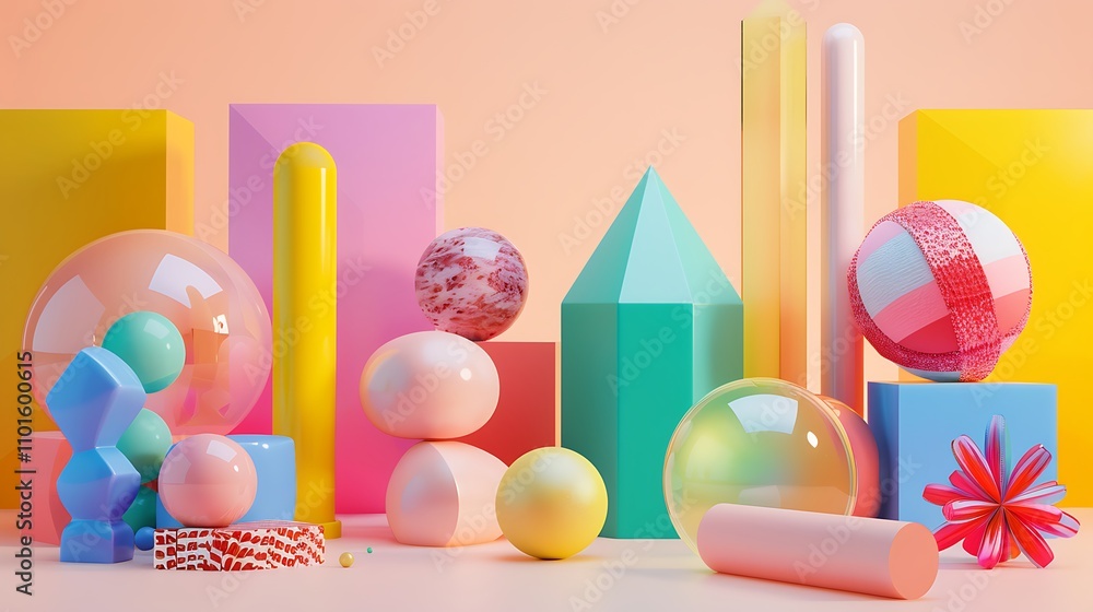Poster a colorful arrangement of geometric shapes and spheres, creating a vibrant and playful composition.