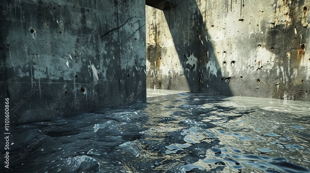 Poster an industrial concrete structure partially submerged in water, creating a reflective surface under n