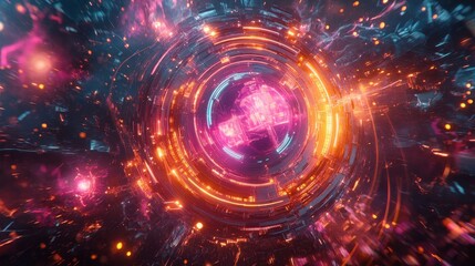 Obraz premium Wallpaper of glowing holographic emblems with distant starry nebula clouds