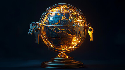 3D holographic globe encased in glowing locks, symbolizing security and protection. intricate design features keys hanging from globe, representing access and control