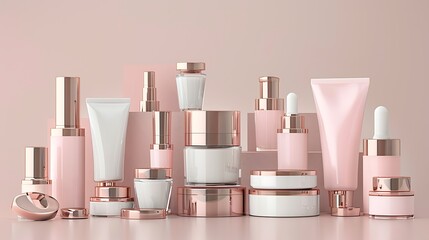 A collection of elegant cosmetic containers in soft pink and white, showcasing beauty and skincare products.