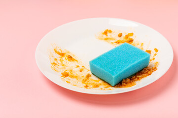 Colorful dish sponges on textured background. Kitchen sponge. Cleaning concept, cleaning service. Dishwashing liquid with clean and dirty dishes plate. Place for text, copy space. Wash the dishes.