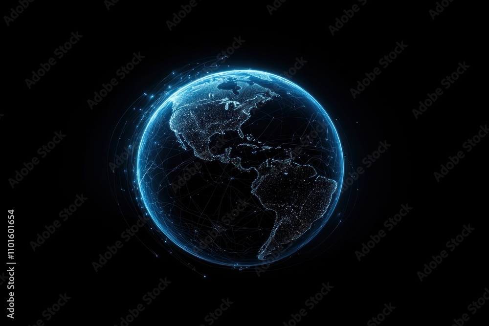Poster visual representation of a global network illustrates interconnected nodes on the world map, showcas