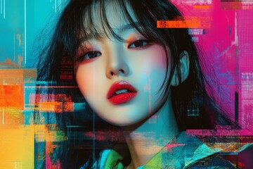 Abstract portrait, vibrant colors, female face, artistic style.