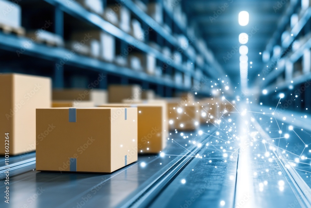 Aufkleber a modern warehouse is filled with neatly arranged boxes on shelves, illuminated by bright lights. an