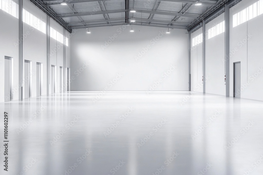 Poster bright, expansive warehouse showcases a polished floor and minimalistic design. ample natural light 