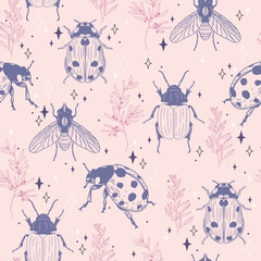 Pink Pastel Pattern with Ladybugs, Flies, Bugs, and Plants – Cute Hand-Drawn Vector background