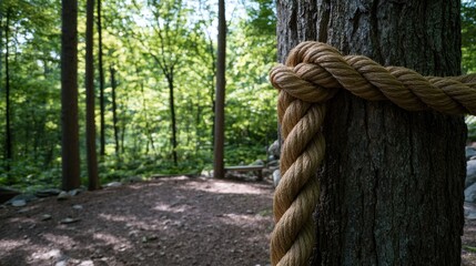 Fototapeta premium Thick twisted rope secured around a sturdy tree trunk in a lush, green forest with dappled sunlight filtering through the leaves