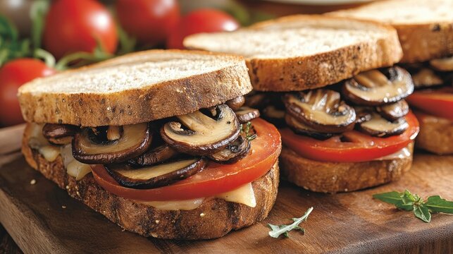 Three hearty sandwiches layered with sautÃ©ed mushrooms and fresh tomato slices, beautifully displayed on a rustic wooden cutting board.