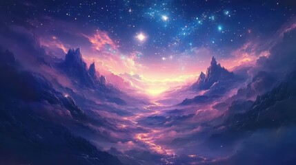 Naklejka premium A stunning celestial landscape with vibrant colors and starry skies over majestic mountains.