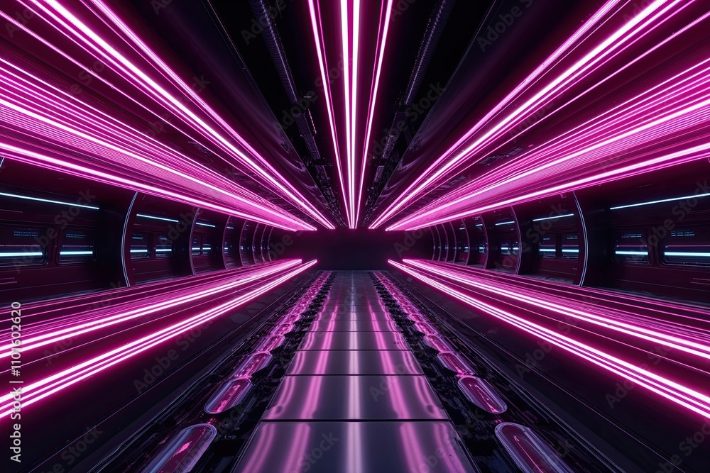 Poster mesmerizing three-dimensional abstract neon light trails shimmering in futuristic dark environments