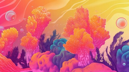 Bold coral wallpaper with glowing bubbles and ocean gradient backdrop