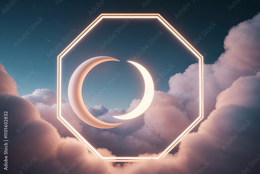 Poster stunning 3d render of asymmetric crescent shapes illuminated by soft clouds in an octagonal frame